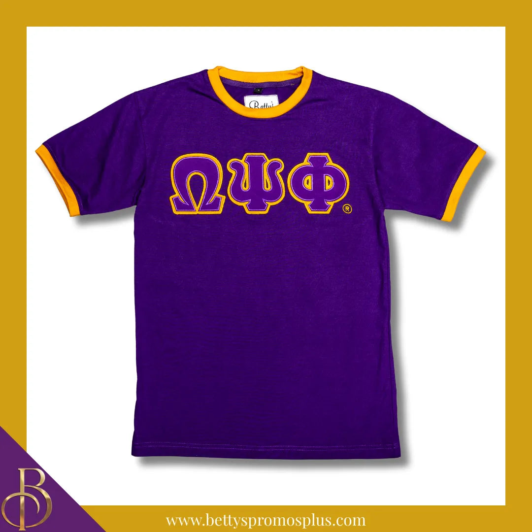 Omega Psi Phi ΩΨΦ Double Stitched Embroidered Ringer T-Shirt-Purple-Small-Omega Psi Phi Paraphernalia-Omega Psi Phi T-Shirts-Betty's Promos Plus