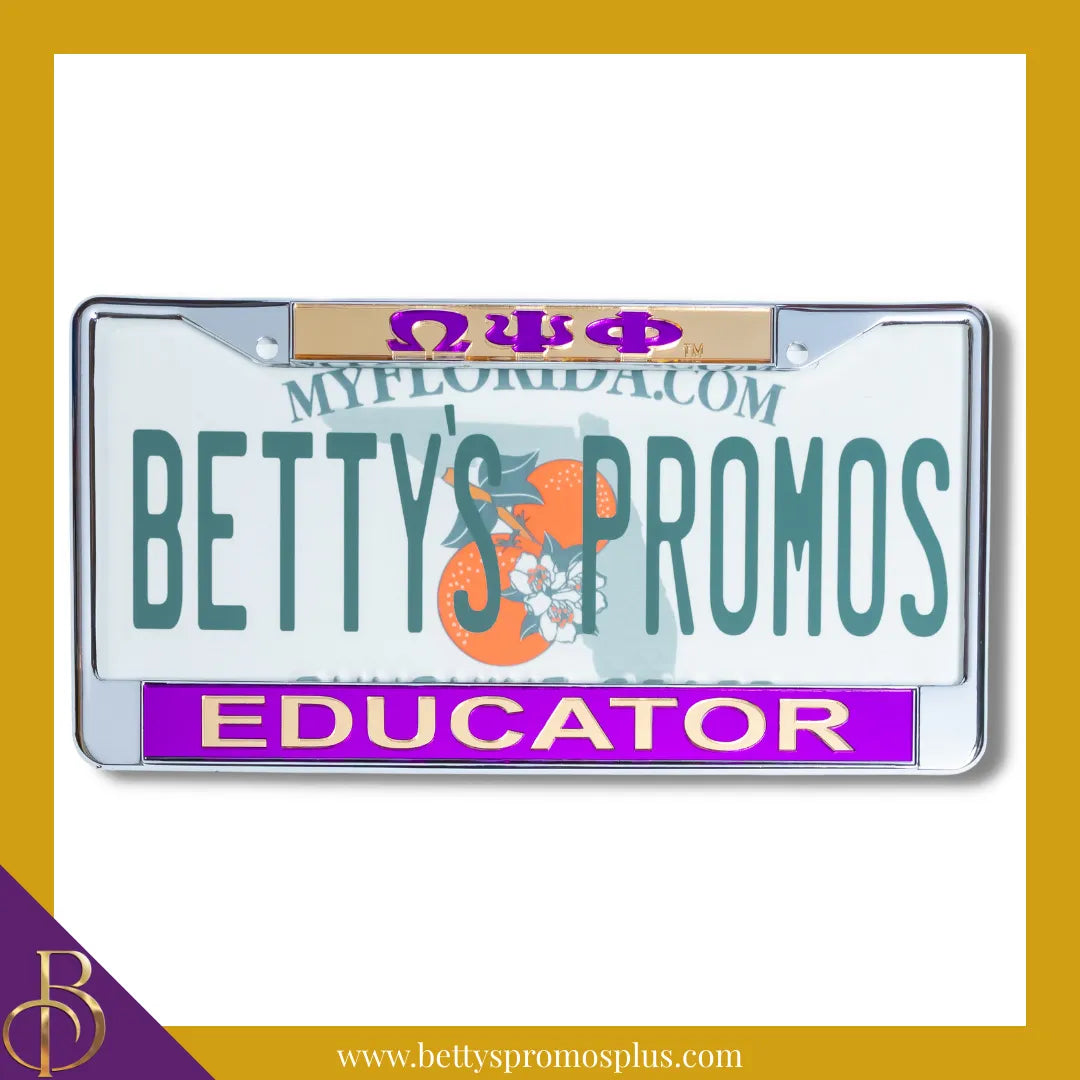 Omega Psi Phi ΩΨΦ Educator Chrome Laser Engraved Mirrored Acrylic Auto Tag License Plate Frame-Omega Psi Phi Paraphernalia-Omega Psi Phi Auto Tag Frame-Betty's Promos Plus