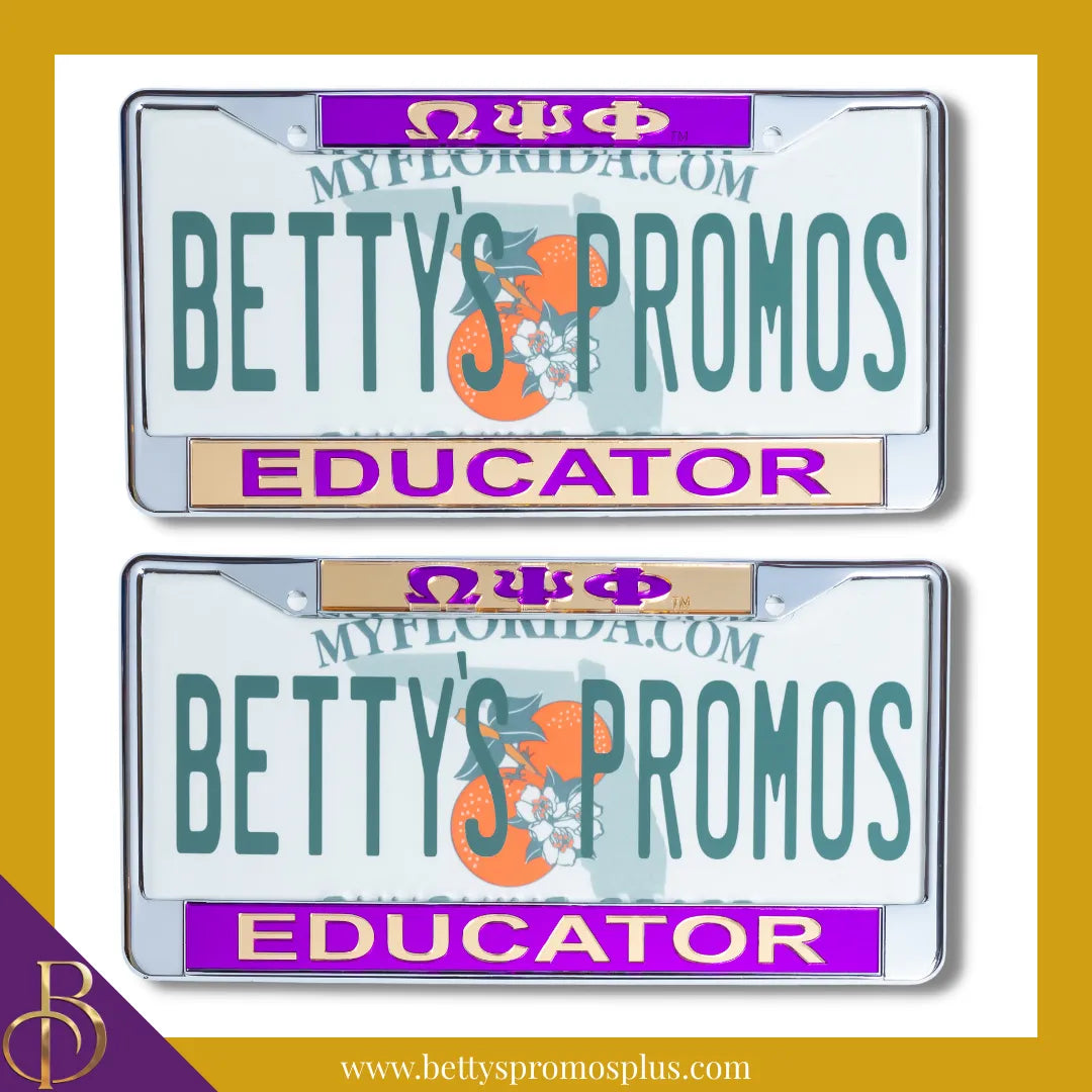Omega Psi Phi ΩΨΦ Educator Chrome Laser Engraved Mirrored Acrylic Auto Tag License Plate Frame-Omega Psi Phi Paraphernalia-Omega Psi Phi Auto Tag Frame-Betty's Promos Plus