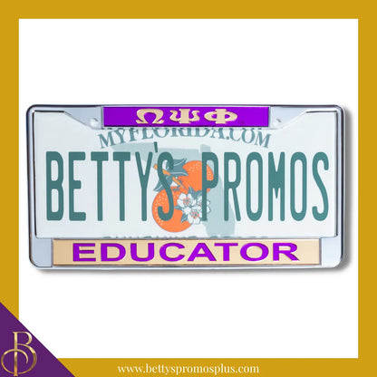 Omega Psi Phi ΩΨΦ Educator Chrome Laser Engraved Mirrored Acrylic Auto Tag License Plate Frame-Purple Top-Gold Bottom-Omega Psi Phi Paraphernalia-Omega Psi Phi Auto Tag Frame-Betty's Promos Plus