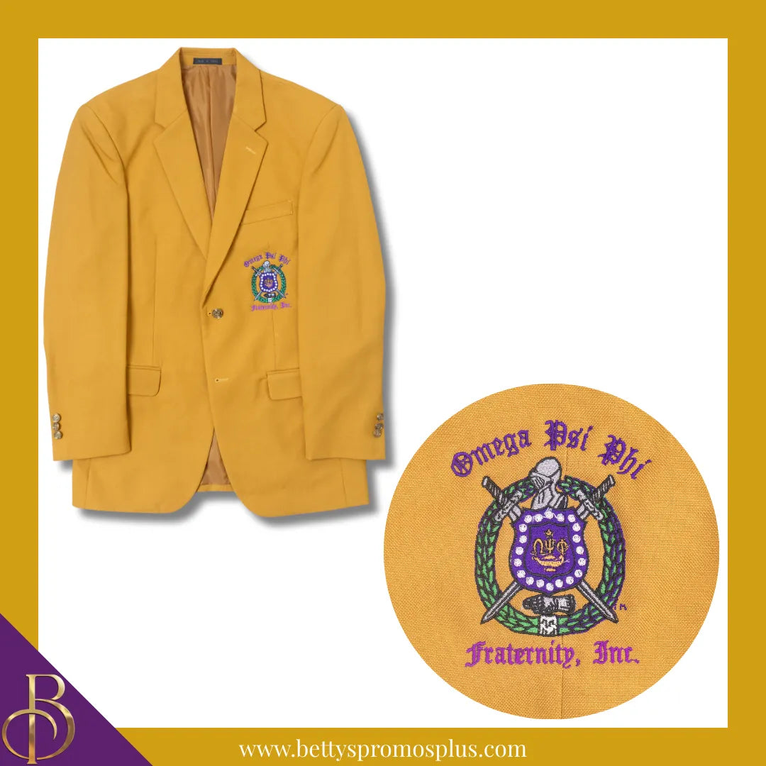 Omega Psi Phi ΩΨΦ Embroidered Shield Crest Blazer Sport Coat-Gold-Regular-36-Omega Psi Phi Paraphernalia-Omega Psi Phi Blazers-Betty's Promos Plus