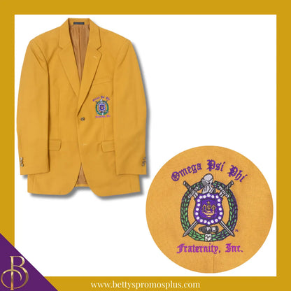 Omega Psi Phi ΩΨΦ Embroidered Shield Crest Blazer Sport Coat-Gold-Regular-36-Omega Psi Phi Paraphernalia-Omega Psi Phi Blazers-Betty's Promos Plus