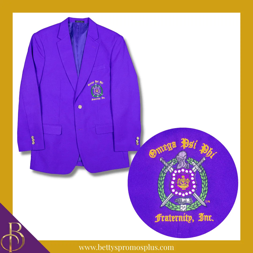Omega Psi Phi ΩΨΦ Embroidered Shield Crest Blazer Sport Coat-Purple-Regular-36-Omega Psi Phi Paraphernalia-Omega Psi Phi Blazers-Betty's Promos Plus