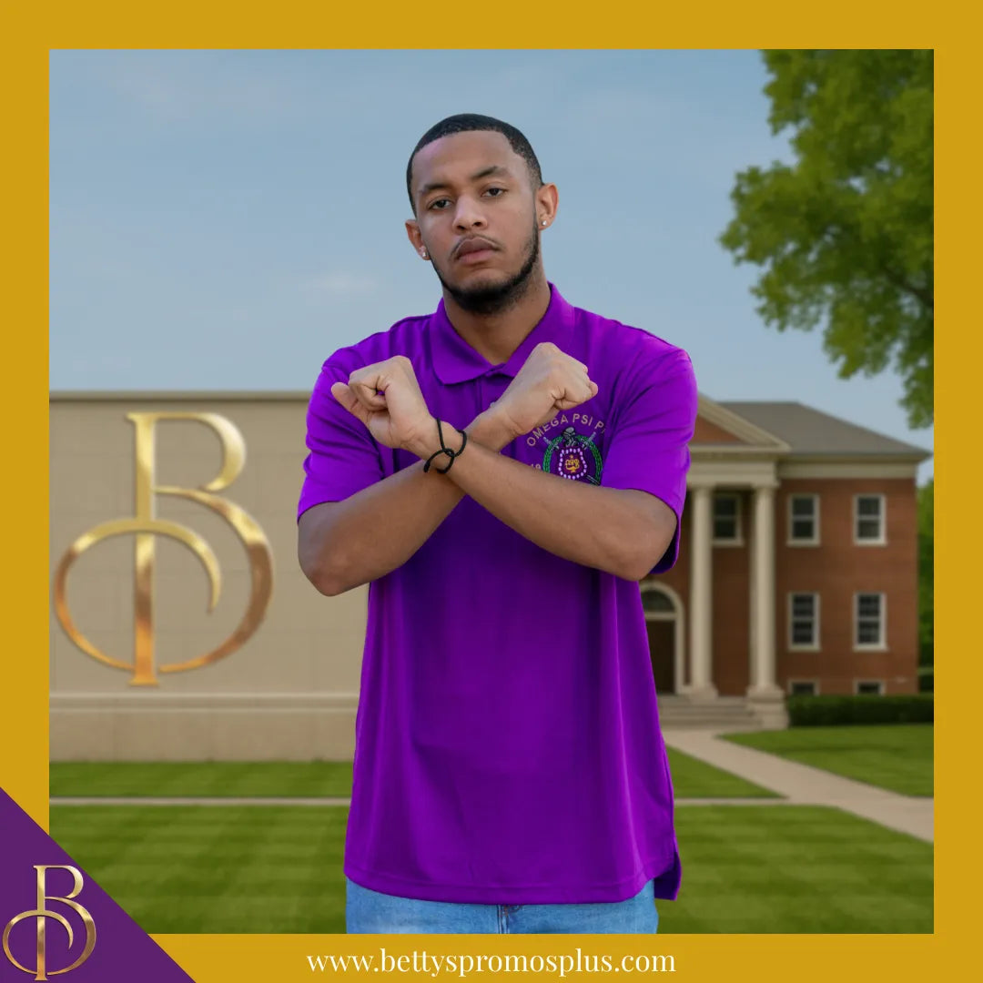 Omega Psi Phi ΩΨΦ Embroidered Shield Polo Golf Shirt-Omega Psi Phi Paraphernalia-Omega Psi Phi Polo Shirt-Betty's Promos Plus