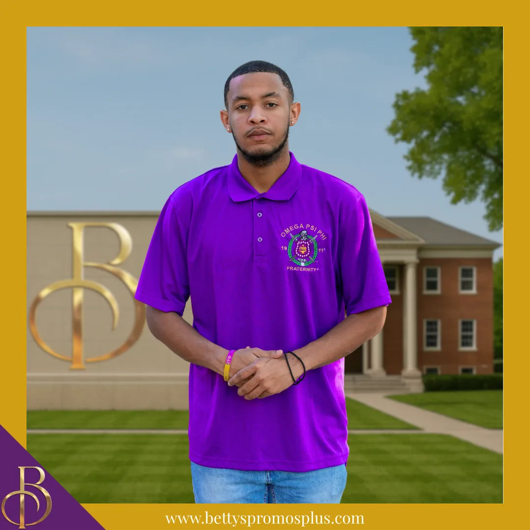 Omega Psi Phi ΩΨΦ Embroidered Shield Polo Golf Shirt-Omega Psi Phi Paraphernalia-Omega Psi Phi Polo Shirt-Betty's Promos Plus