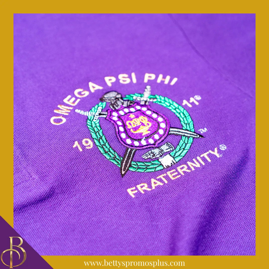 Omega Psi Phi ΩΨΦ Embroidered Shield Polo Golf Shirt-Omega Psi Phi Paraphernalia-Omega Psi Phi Polo Shirt-Betty's Promos Plus