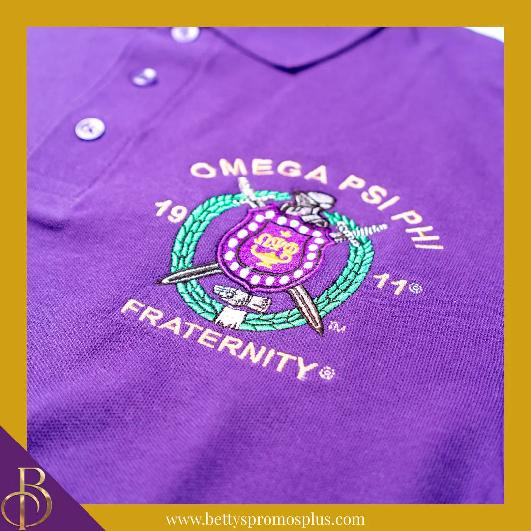 Omega Psi Phi ΩΨΦ Embroidered Shield Polo Golf Shirt-Omega Psi Phi Paraphernalia-Omega Psi Phi Polo Shirt-Betty's Promos Plus