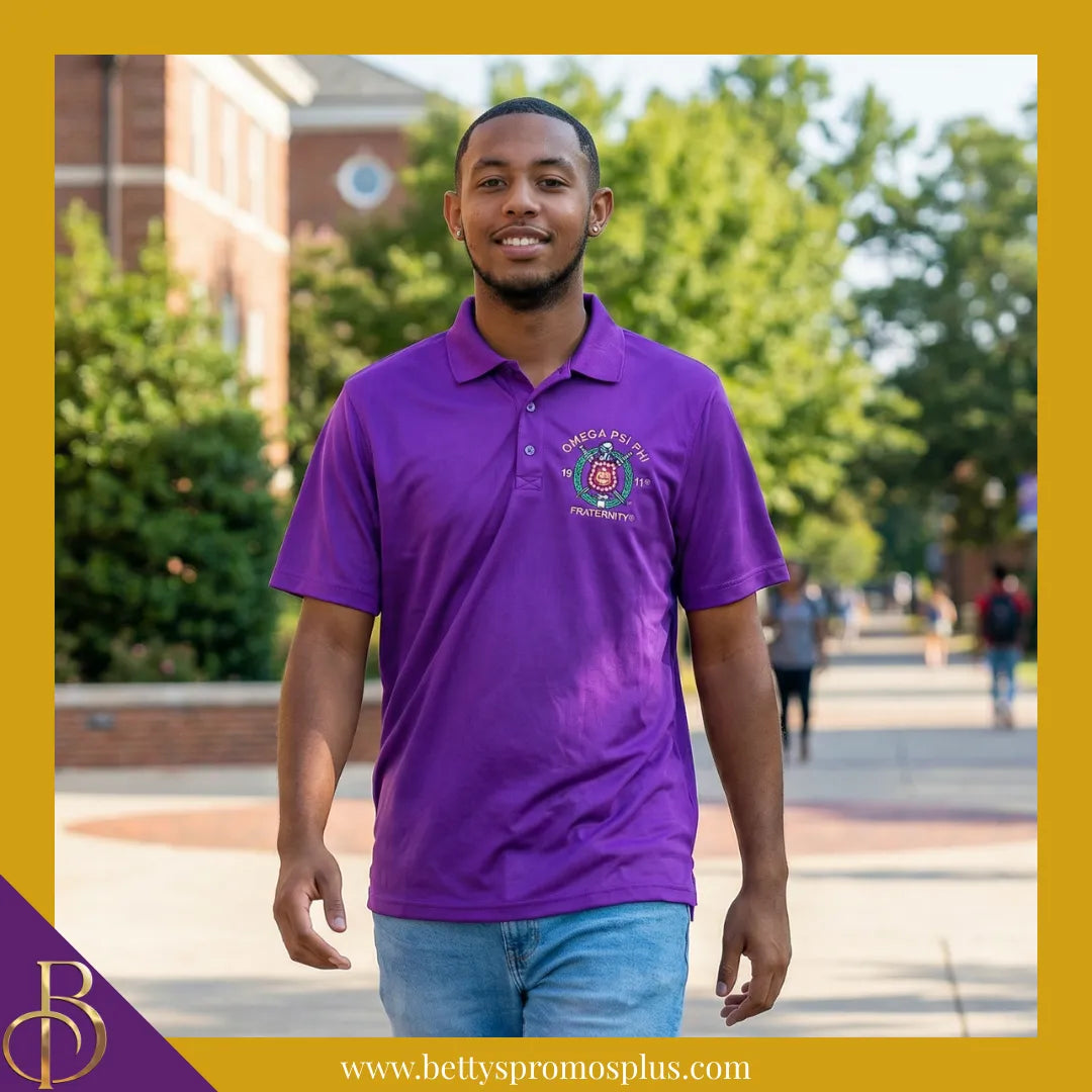 Omega Psi Phi ΩΨΦ Embroidered Shield Polo Golf Shirt-Omega Psi Phi Paraphernalia-Omega Psi Phi Polo Shirt-Betty's Promos Plus