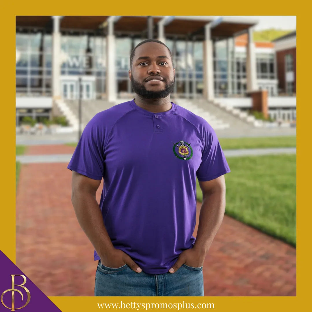 Omega Psi Phi ΩΨΦ Embroidered Shield Two-Button Baseball Henley Shirt-Omega Psi Phi Paraphernalia-Omega Psi Phi Jerseys-Betty's Promos Plus