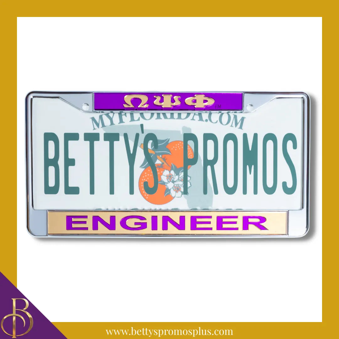 Omega Psi Phi ΩΨΦ Engineer Chrome Laser Engraved Mirrored Acrylic Auto Tag License Plate Frame-Omega Psi Phi Paraphernalia-Omega Psi Phi Auto Tag Frame-Betty's Promos Plus
