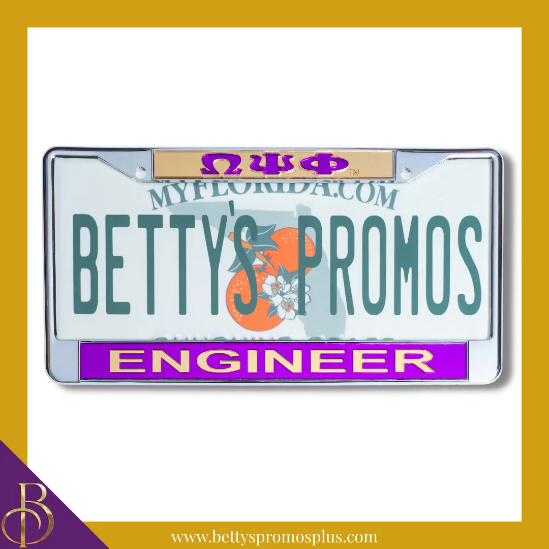 Omega Psi Phi ΩΨΦ Engineer Chrome Laser Engraved Mirrored Acrylic Auto Tag License Plate Frame-Omega Psi Phi Paraphernalia-Omega Psi Phi Auto Tag Frame-Betty's Promos Plus