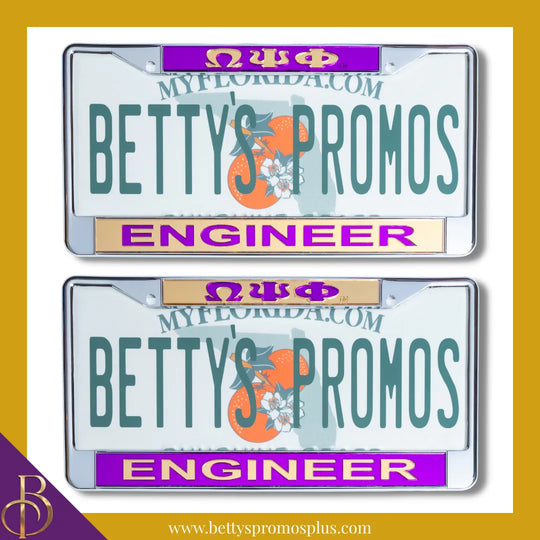 Omega Psi Phi ΩΨΦ Engineer Chrome Laser Engraved Mirrored Acrylic Auto Tag License Plate Frame-Omega Psi Phi Paraphernalia-Omega Psi Phi Auto Tag Frame-Betty's Promos Plus