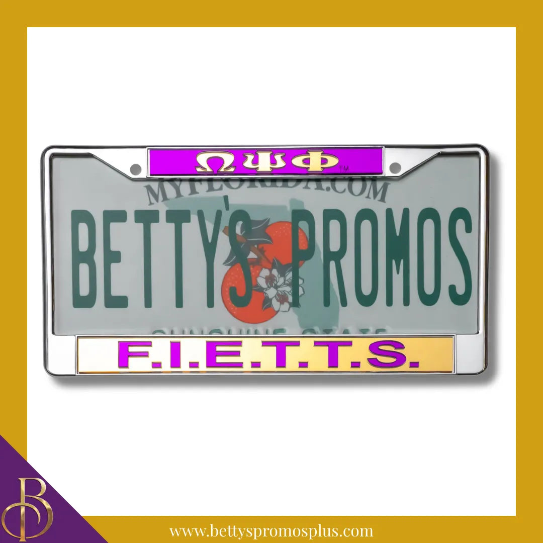 Omega Psi Phi ΩΨΦ F.I.E.T.T.S. Chrome Laser Engraved Mirrored Acrylic Auto Tag License Plate Frame-Gold Bottom-Omega Psi Phi Paraphernalia-Omega Psi Phi Auto Tag Frame-Betty's Promos Plus