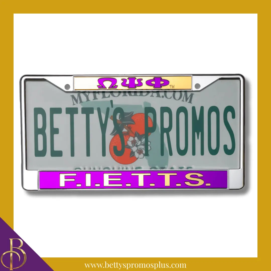 Omega Psi Phi ΩΨΦ F.I.E.T.T.S. Chrome Laser Engraved Mirrored Acrylic Auto Tag License Plate Frame-Purple Bottom-Omega Psi Phi Paraphernalia-Omega Psi Phi Auto Tag Frame-Betty's Promos Plus
