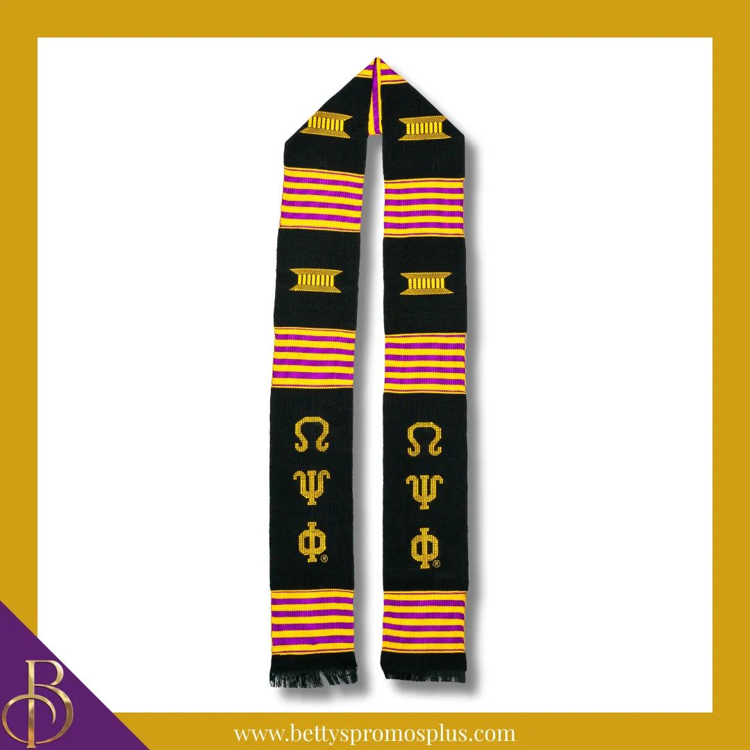 Omega Psi Phi ΩΨΦ Greek Letters Kente Cloth Graduation Stole-Black-Omega Psi Phi Paraphernalia-Omega Psi Phi Graduation Stole-Betty's Promos Plus