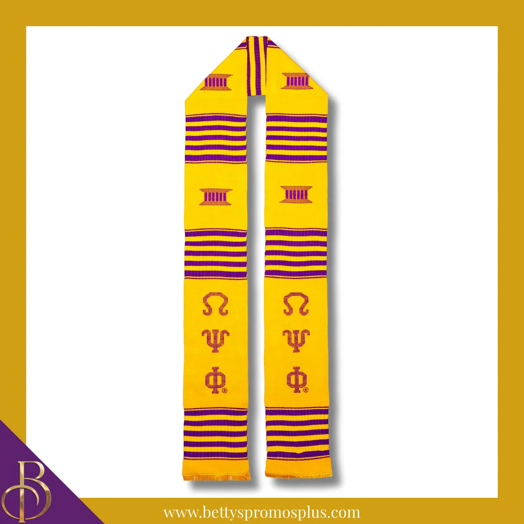 Omega Psi Phi ΩΨΦ Greek Letters Kente Cloth Graduation Stole-Gold-Omega Psi Phi Paraphernalia-Omega Psi Phi Graduation Stole-Betty's Promos Plus