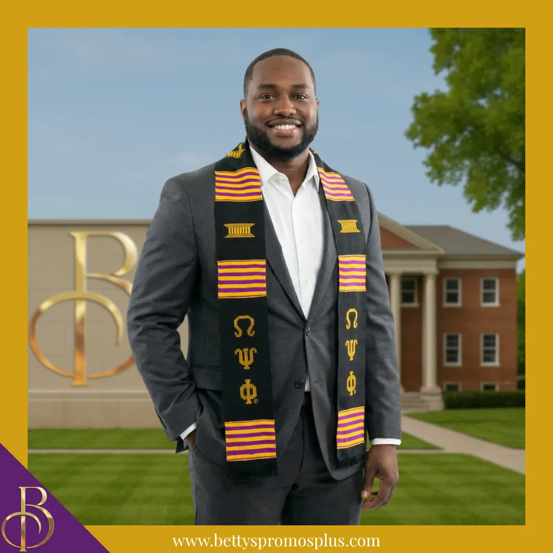Omega Psi Phi ΩΨΦ Greek Letters Kente Cloth Graduation Stole-Omega Psi Phi Paraphernalia-Omega Psi Phi Graduation Stole-Betty's Promos Plus