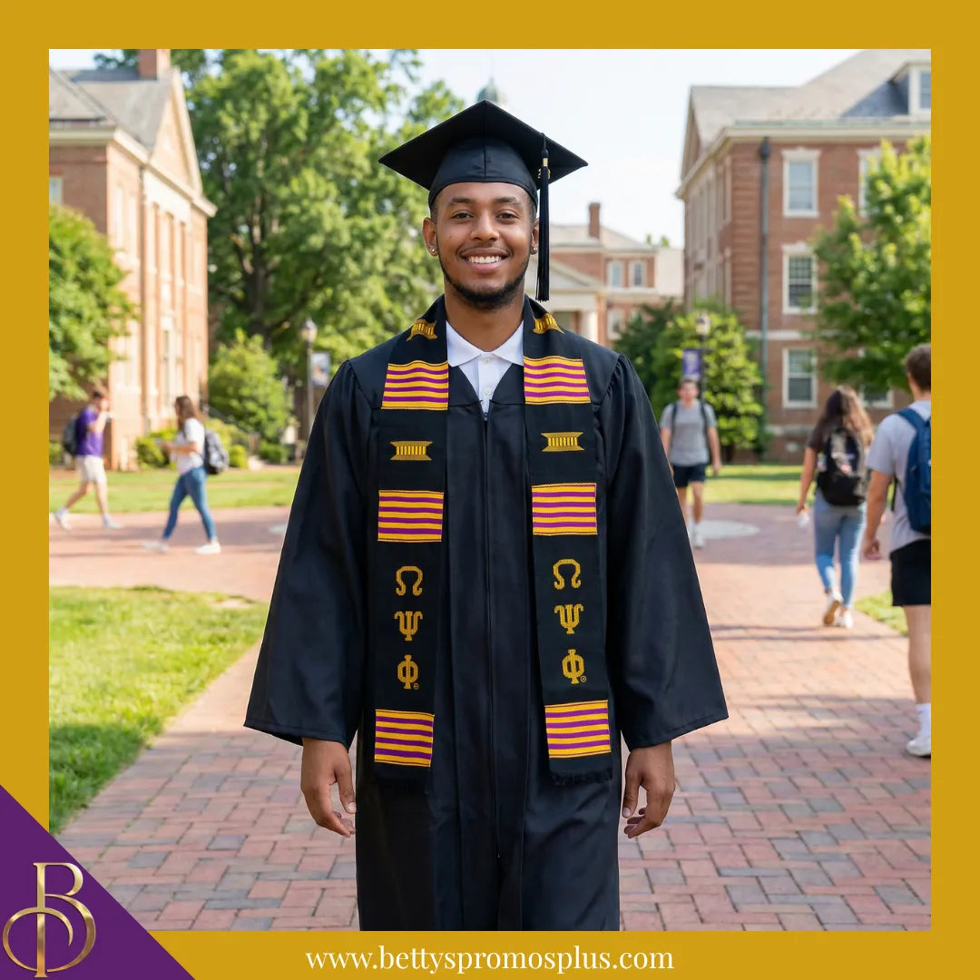 Omega Psi Phi ΩΨΦ Greek Letters Kente Cloth Graduation Stole-Omega Psi Phi Paraphernalia-Omega Psi Phi Graduation Stole-Betty's Promos Plus