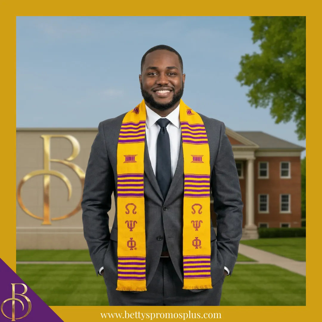 Omega Psi Phi ΩΨΦ Greek Letters Kente Cloth Graduation Stole-Omega Psi Phi Paraphernalia-Omega Psi Phi Graduation Stole-Betty's Promos Plus