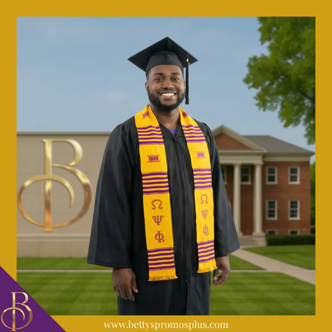 Omega Psi Phi ΩΨΦ Greek Letters Kente Cloth Graduation Stole-Omega Psi Phi Paraphernalia-Omega Psi Phi Graduation Stole-Betty's Promos Plus