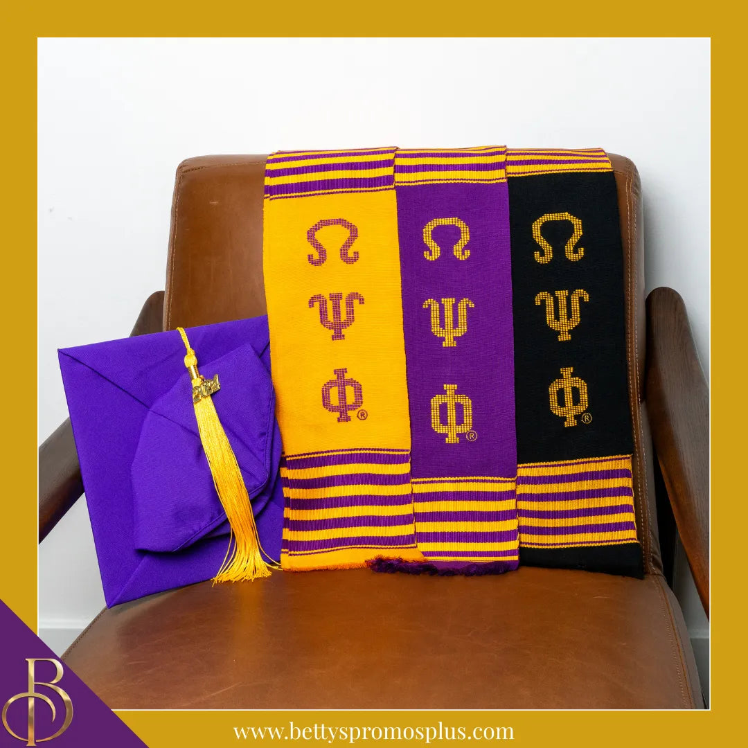 Omega Psi Phi ΩΨΦ Greek Letters Kente Cloth Graduation Stole-Omega Psi Phi Paraphernalia-Omega Psi Phi Graduation Stole-Betty's Promos Plus