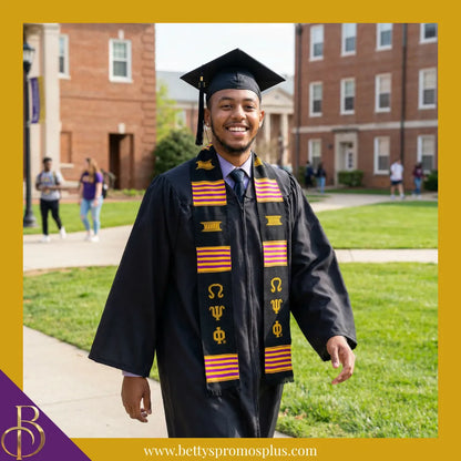Omega Psi Phi ΩΨΦ Greek Letters Kente Cloth Graduation Stole-Omega Psi Phi Paraphernalia-Omega Psi Phi Graduation Stole-Betty's Promos Plus