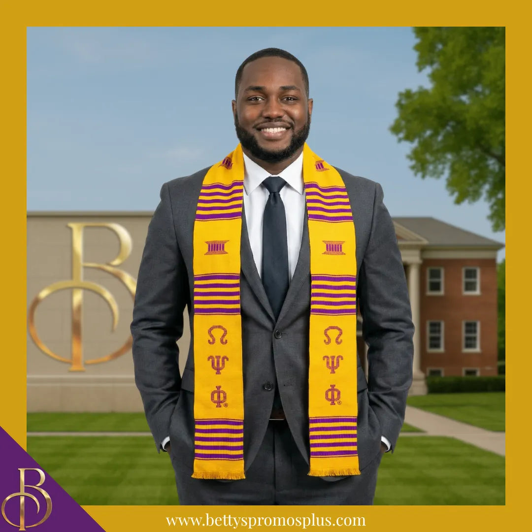 Omega Psi Phi ΩΨΦ Greek Letters Kente Cloth Graduation Stole-Omega Psi Phi Paraphernalia-Omega Psi Phi Graduation Stole-Betty's Promos Plus