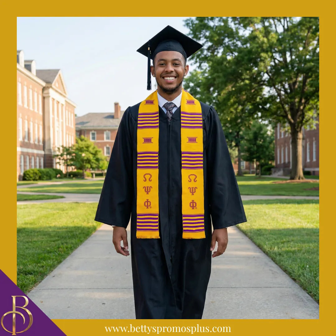 Omega Psi Phi ΩΨΦ Greek Letters Kente Cloth Graduation Stole-Omega Psi Phi Paraphernalia-Omega Psi Phi Graduation Stole-Betty's Promos Plus