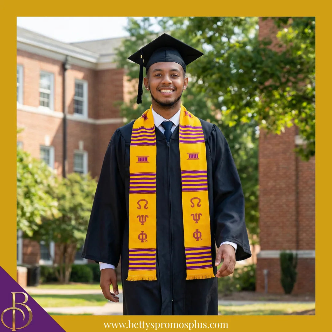 Omega Psi Phi ΩΨΦ Greek Letters Kente Cloth Graduation Stole-Omega Psi Phi Paraphernalia-Omega Psi Phi Graduation Stole-Betty's Promos Plus
