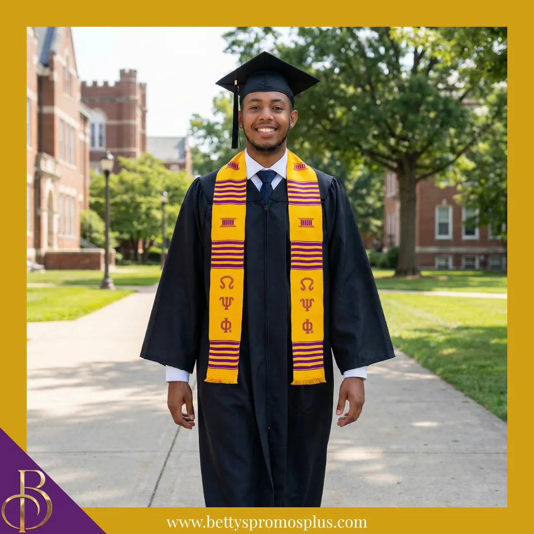 Omega Psi Phi ΩΨΦ Greek Letters Kente Cloth Graduation Stole-Omega Psi Phi Paraphernalia-Omega Psi Phi Graduation Stole-Betty's Promos Plus