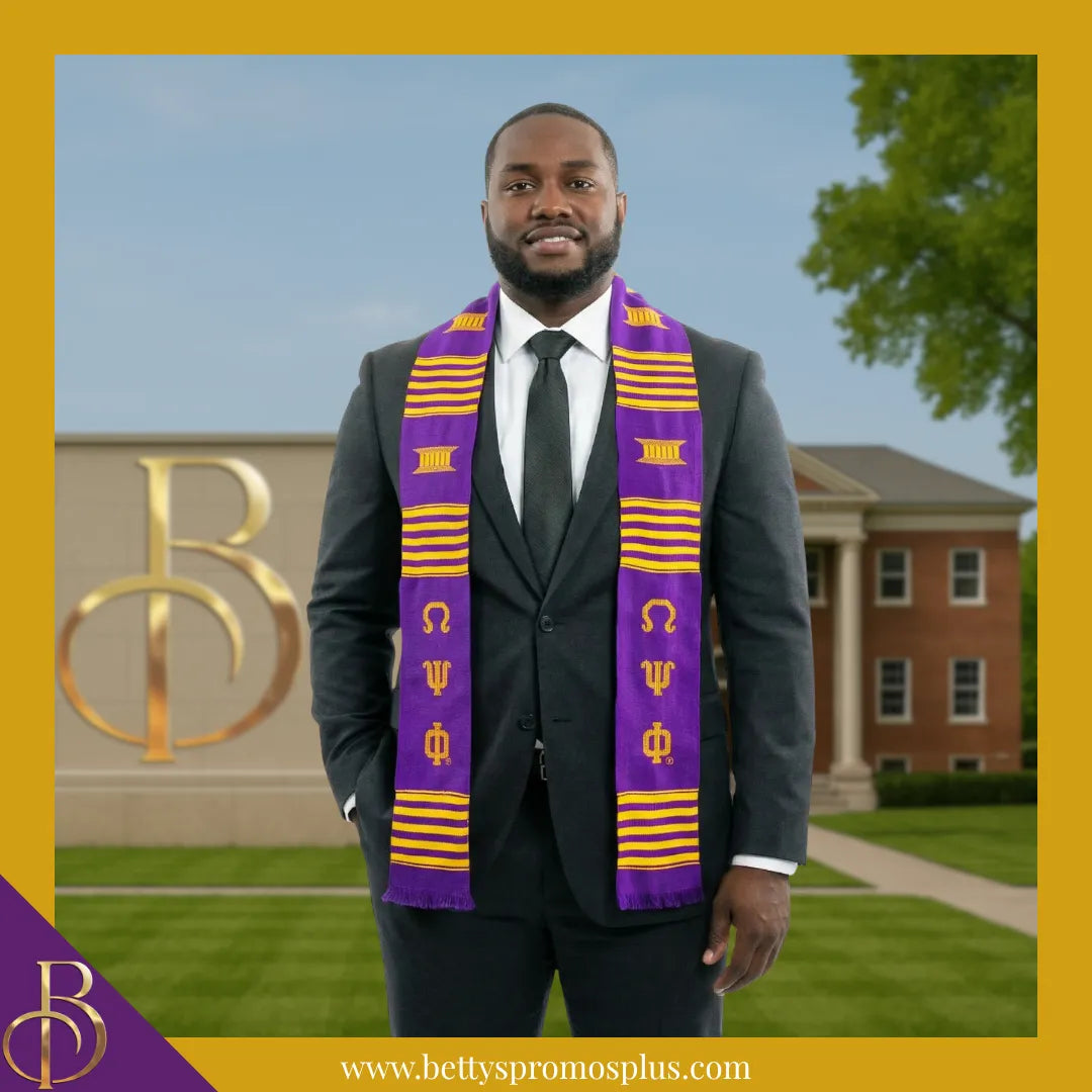 Omega Psi Phi ΩΨΦ Greek Letters Kente Cloth Graduation Stole-Omega Psi Phi Paraphernalia-Omega Psi Phi Graduation Stole-Betty's Promos Plus
