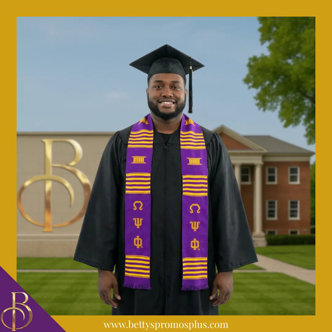 Omega Psi Phi ΩΨΦ Greek Letters Kente Cloth Graduation Stole-Omega Psi Phi Paraphernalia-Omega Psi Phi Graduation Stole-Betty's Promos Plus