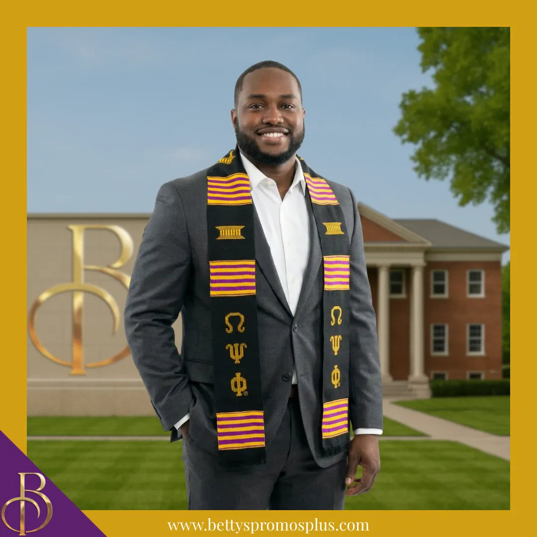 Omega Psi Phi ΩΨΦ Greek Letters Kente Cloth Graduation Stole-Omega Psi Phi Paraphernalia-Omega Psi Phi Graduation Stole-Betty's Promos Plus