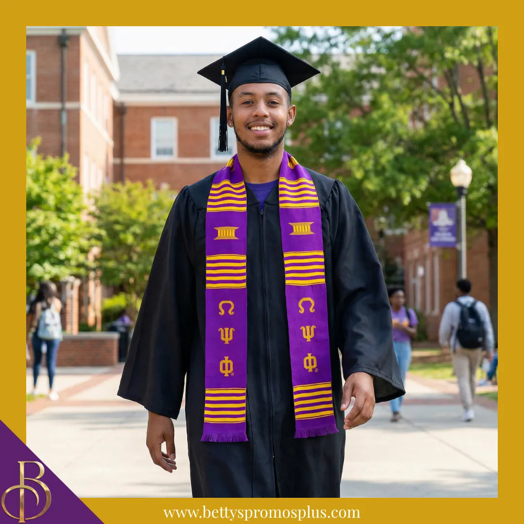 Omega Psi Phi ΩΨΦ Greek Letters Kente Cloth Graduation Stole-Omega Psi Phi Paraphernalia-Omega Psi Phi Graduation Stole-Betty's Promos Plus
