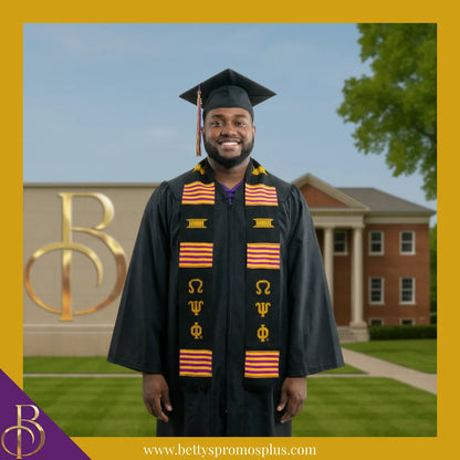 Omega Psi Phi ΩΨΦ Greek Letters Kente Cloth Graduation Stole-Omega Psi Phi Paraphernalia-Omega Psi Phi Graduation Stole-Betty's Promos Plus