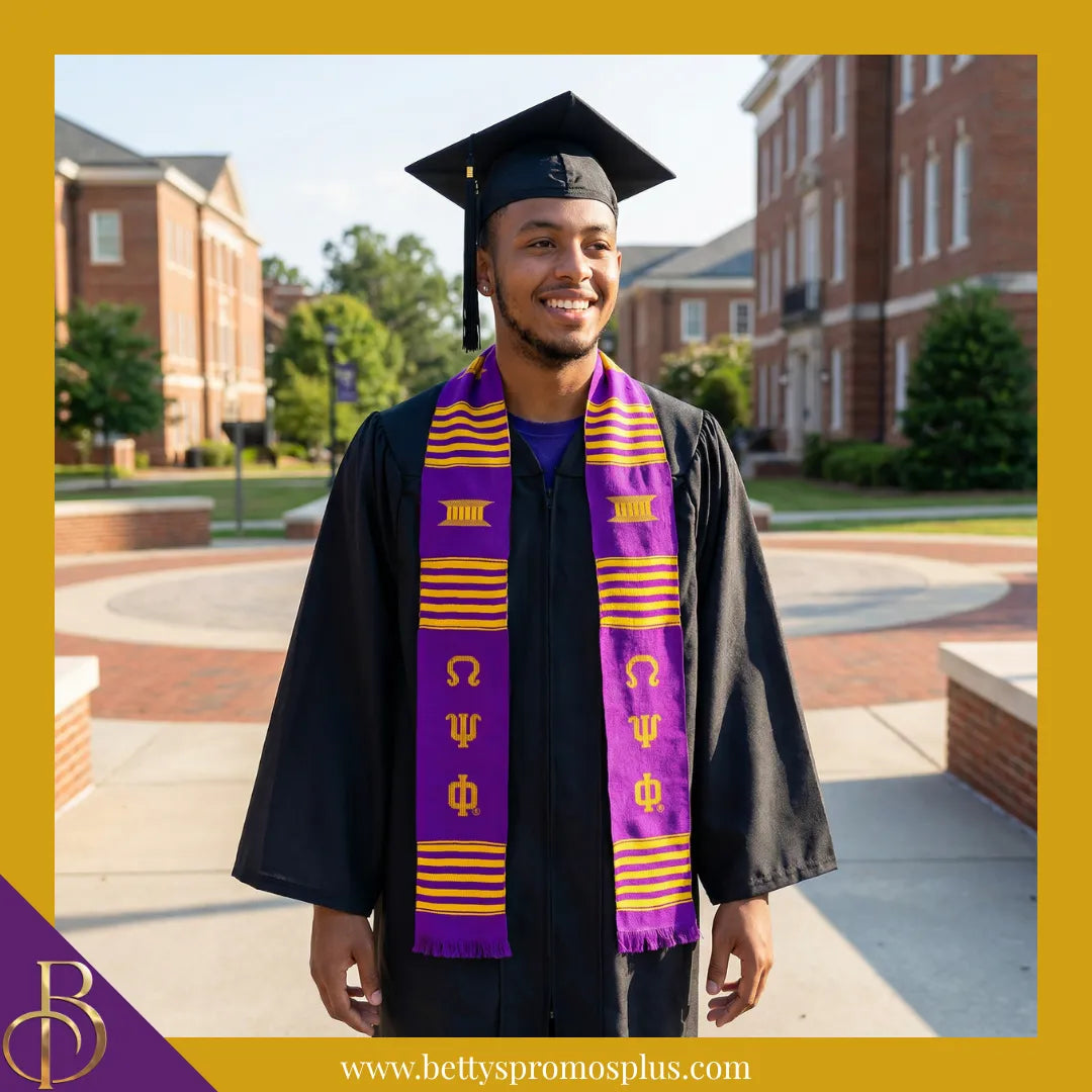 Omega Psi Phi ΩΨΦ Greek Letters Kente Cloth Graduation Stole-Omega Psi Phi Paraphernalia-Omega Psi Phi Graduation Stole-Betty's Promos Plus