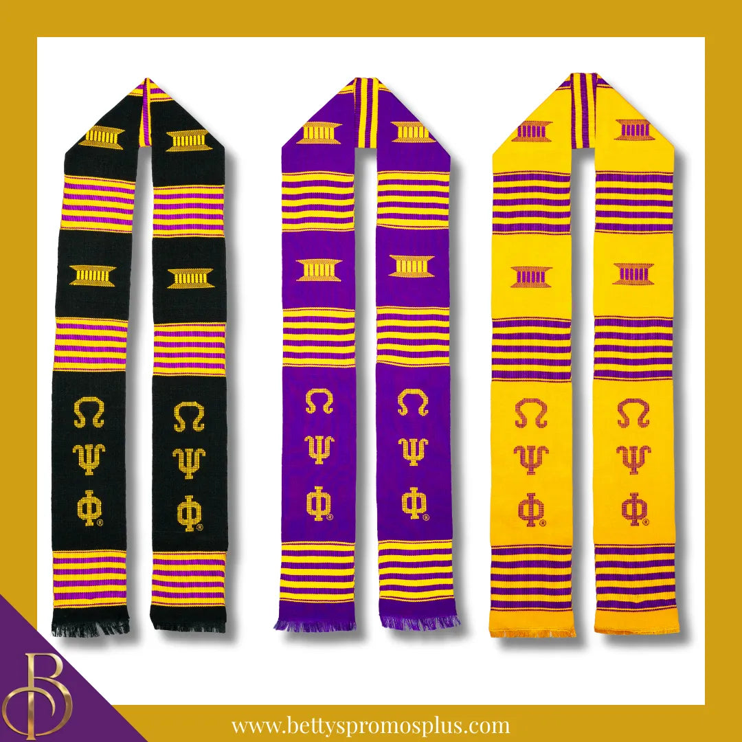 Omega Psi Phi ΩΨΦ Greek Letters Kente Cloth Graduation Stole-Omega Psi Phi Paraphernalia-Omega Psi Phi Graduation Stole-Betty's Promos Plus