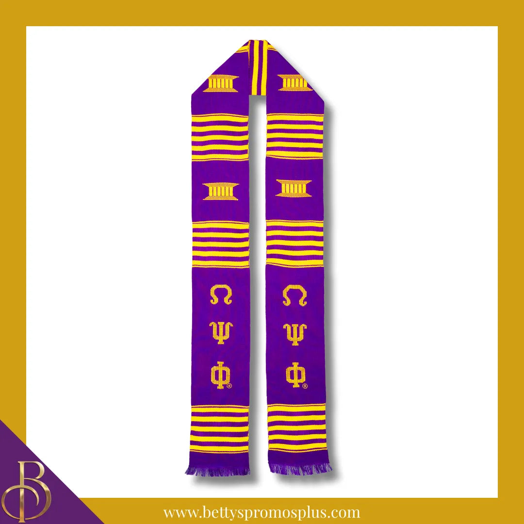 Omega Psi Phi ΩΨΦ Greek Letters Kente Cloth Graduation Stole-Purple-Omega Psi Phi Paraphernalia-Omega Psi Phi Graduation Stole-Betty's Promos Plus