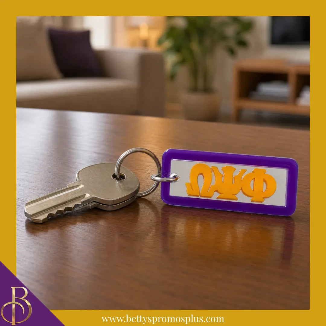 Omega Psi Phi ΩΨΦ Greek Letters Rectangular Acrylic Mirror Keychain with Purple Trim-Omega Psi Phi Paraphernalia-Omega Psi Phi Keychain-Betty's Promos Plus