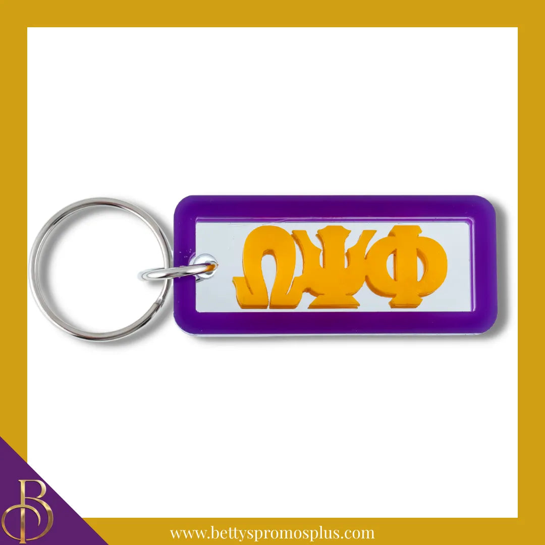 Omega Psi Phi ΩΨΦ Greek Letters Rectangular Acrylic Mirror Keychain with Purple Trim-Omega Psi Phi Paraphernalia-Omega Psi Phi Keychain-Betty's Promos Plus