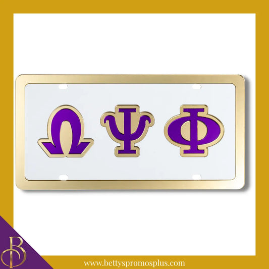 Omega Psi Phi ΩΨΦ Laser Engraved Mirrored Acrylic Auto Tag License Plate-White Background-Gold Letter Trim-Gold Trim-Omega Psi Phi Paraphernalia-Omega Psi Phi Auto Tag-Betty's Promos Plus