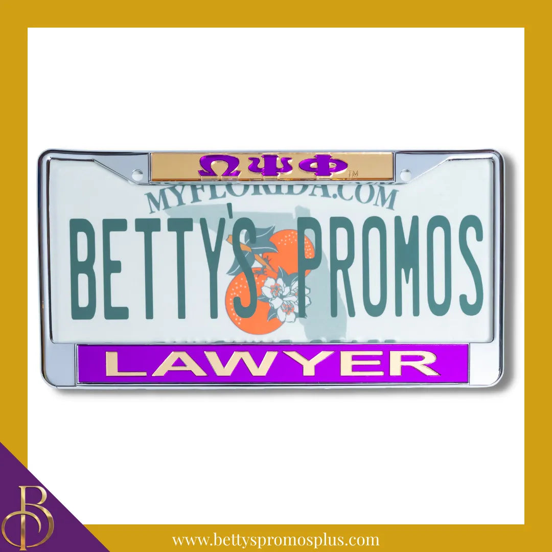Omega Psi Phi ΩΨΦ Lawyer Chrome Laser Engraved Mirrored Acrylic Auto Tag License Plate Frame-Gold Top-Purple Bottom-Omega Psi Phi Paraphernalia-Omega Psi Phi Auto Tag Frame-Betty's Promos Plus