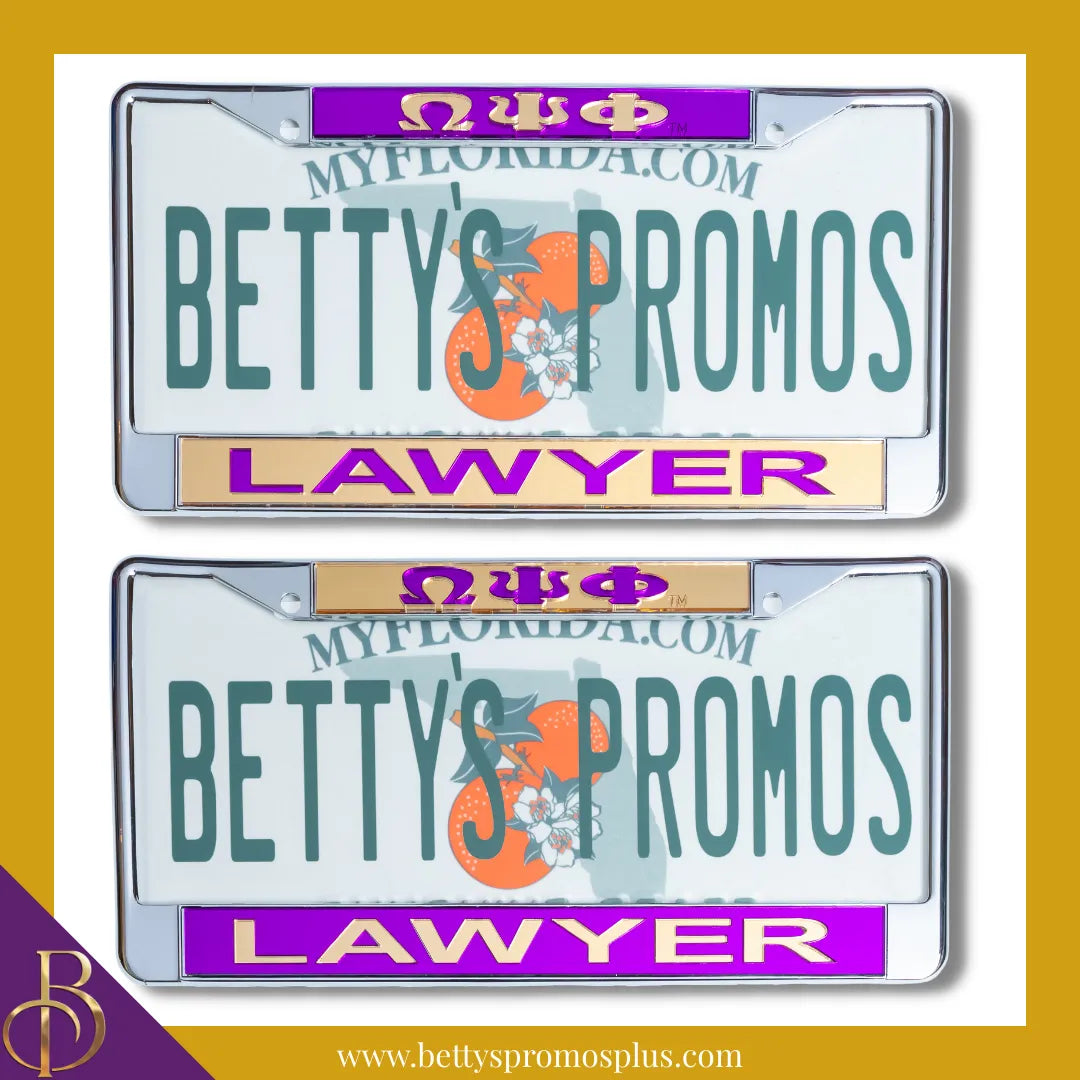 Omega Psi Phi ΩΨΦ Lawyer Chrome Laser Engraved Mirrored Acrylic Auto Tag License Plate Frame-Omega Psi Phi Paraphernalia-Omega Psi Phi Auto Tag Frame-Betty's Promos Plus