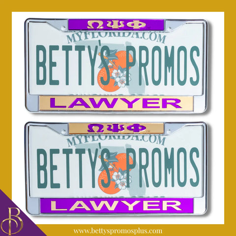 Omega Psi Phi ΩΨΦ Lawyer Chrome Laser Engraved Mirrored Acrylic Auto Tag License Plate Frame-Omega Psi Phi Paraphernalia-Omega Psi Phi Auto Tag Frame-Betty's Promos Plus