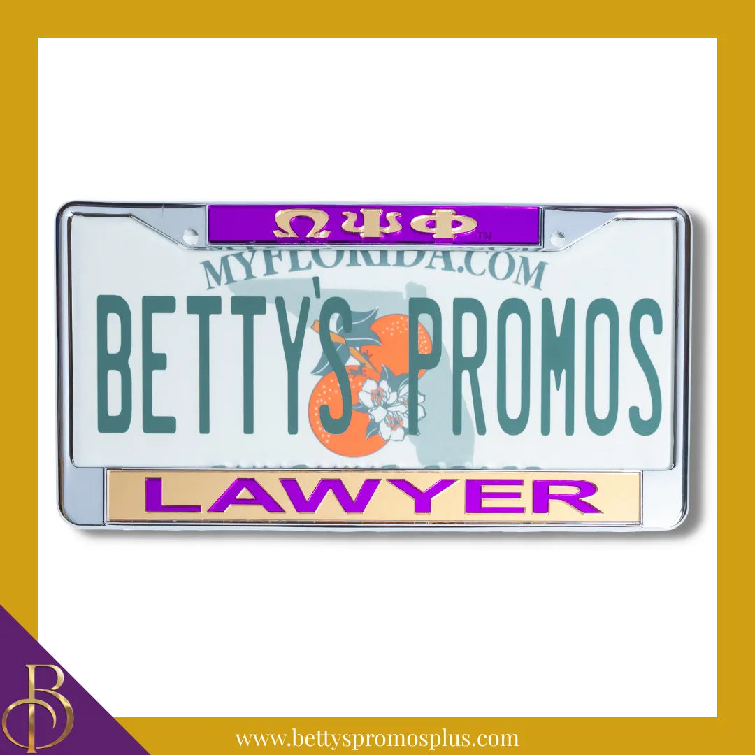 Omega Psi Phi ΩΨΦ Lawyer Chrome Laser Engraved Mirrored Acrylic Auto Tag License Plate Frame-Purple Top-Gold Bottom-Omega Psi Phi Paraphernalia-Omega Psi Phi Auto Tag Frame-Betty's Promos Plus