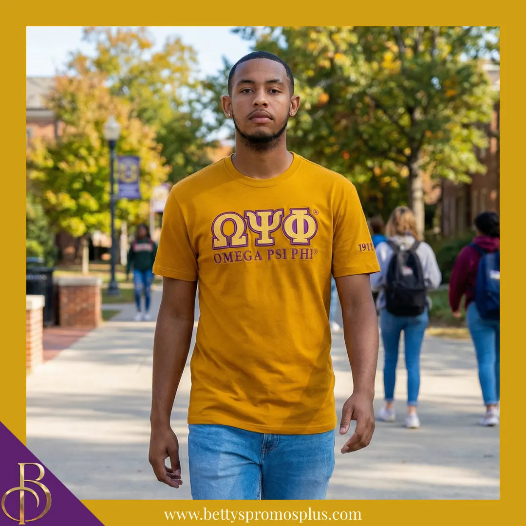 Omega Psi Phi ΩΨΦ Luxury Embroidered T-Shirt with 1911 Sleeve-Omega Psi Phi Paraphernalia-Omega Psi Phi T-Shirts-Betty's Promos Plus