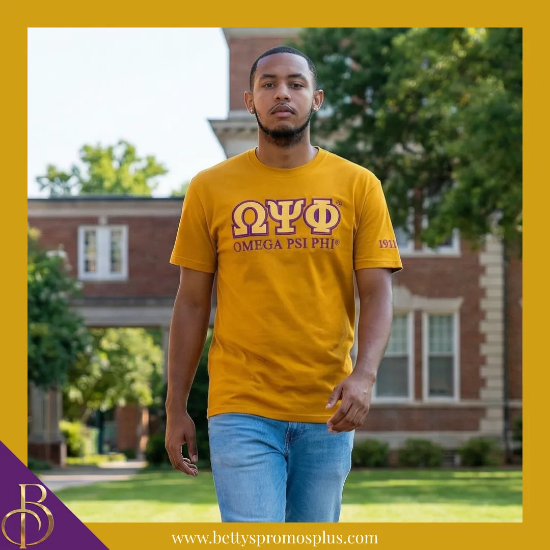 Omega Psi Phi ΩΨΦ Luxury Embroidered T-Shirt with 1911 Sleeve-Omega Psi Phi Paraphernalia-Omega Psi Phi T-Shirts-Betty's Promos Plus