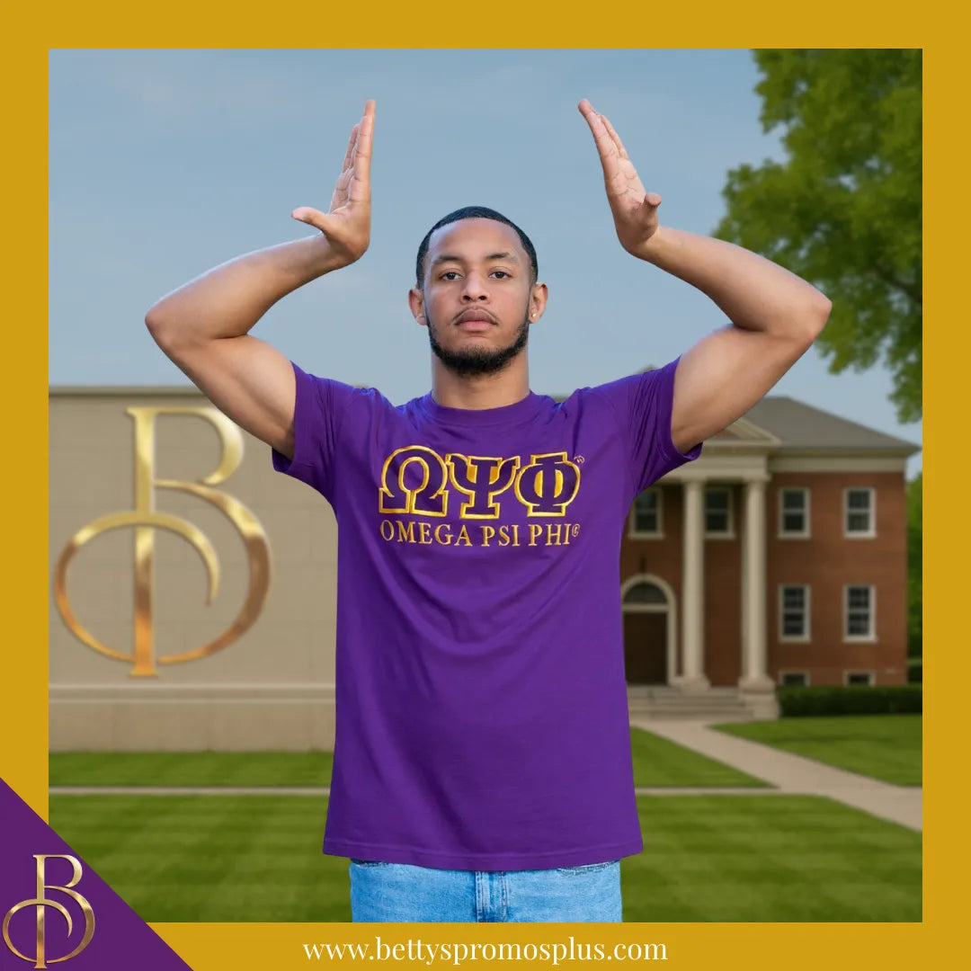 Omega Psi Phi ΩΨΦ Luxury Embroidered T-Shirt with 1911 Sleeve-Omega Psi Phi Paraphernalia-Omega Psi Phi T-Shirts-Betty's Promos Plus