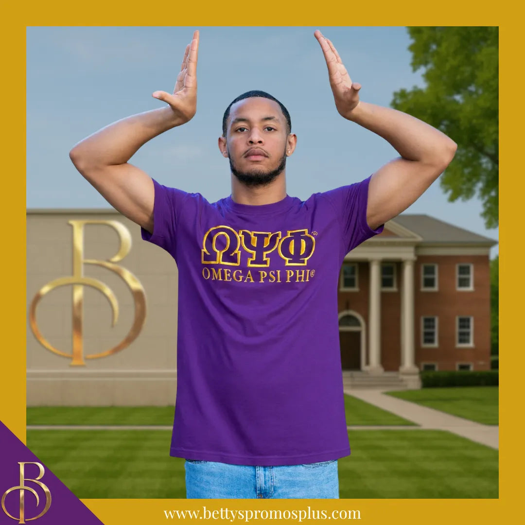 Omega Psi Phi ΩΨΦ Luxury Embroidered T-Shirt with 1911 Sleeve-Omega Psi Phi Paraphernalia-Omega Psi Phi T-Shirts-Betty's Promos Plus