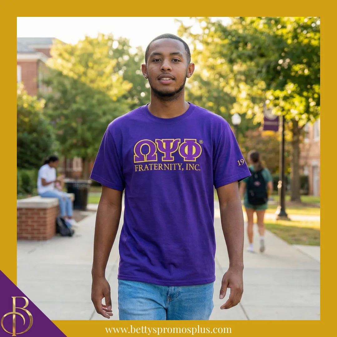 Omega Psi Phi ΩΨΦ Luxury Embroidered T-Shirt with 1911 Sleeve-Omega Psi Phi Paraphernalia-Omega Psi Phi T-Shirts-Betty's Promos Plus